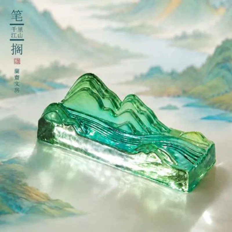 Mountain Shape Crystal Paperweight & Pen Rest, Creative Desk Decorative Holder for Calligraphy Brush, 12.4x4.4cm