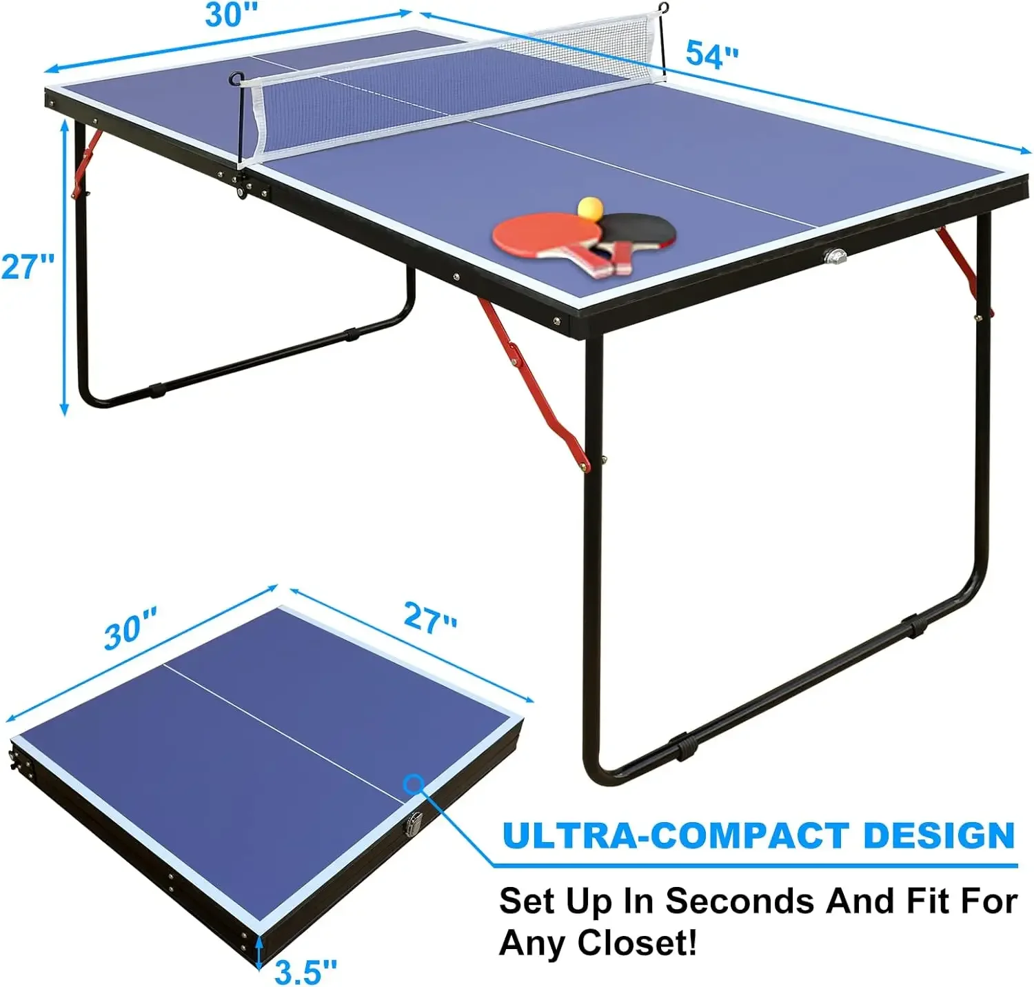 4,5/6ft draagbare pingpongtafelset, opvouwbare tafeltennistafel met net, 2 peddels en 3 ballen, familiespeltafels voor binnen