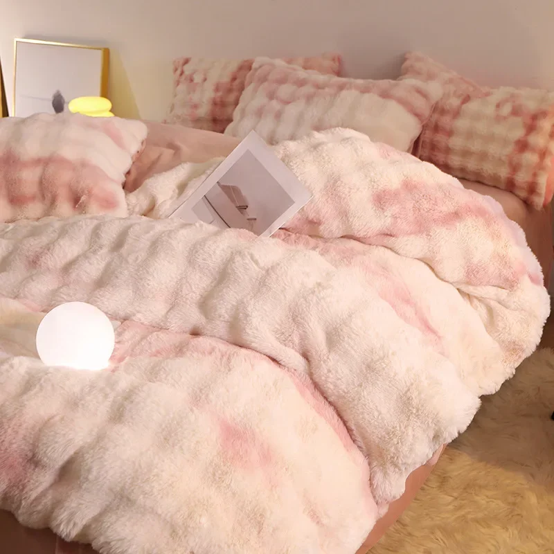 4Pcs Set Winter Thick Rabbit Plush Bedding Set Silky Delicate Texture Milk Velvet Duvet Cover Anti-Pilling Fluffy Warm Bed Linen