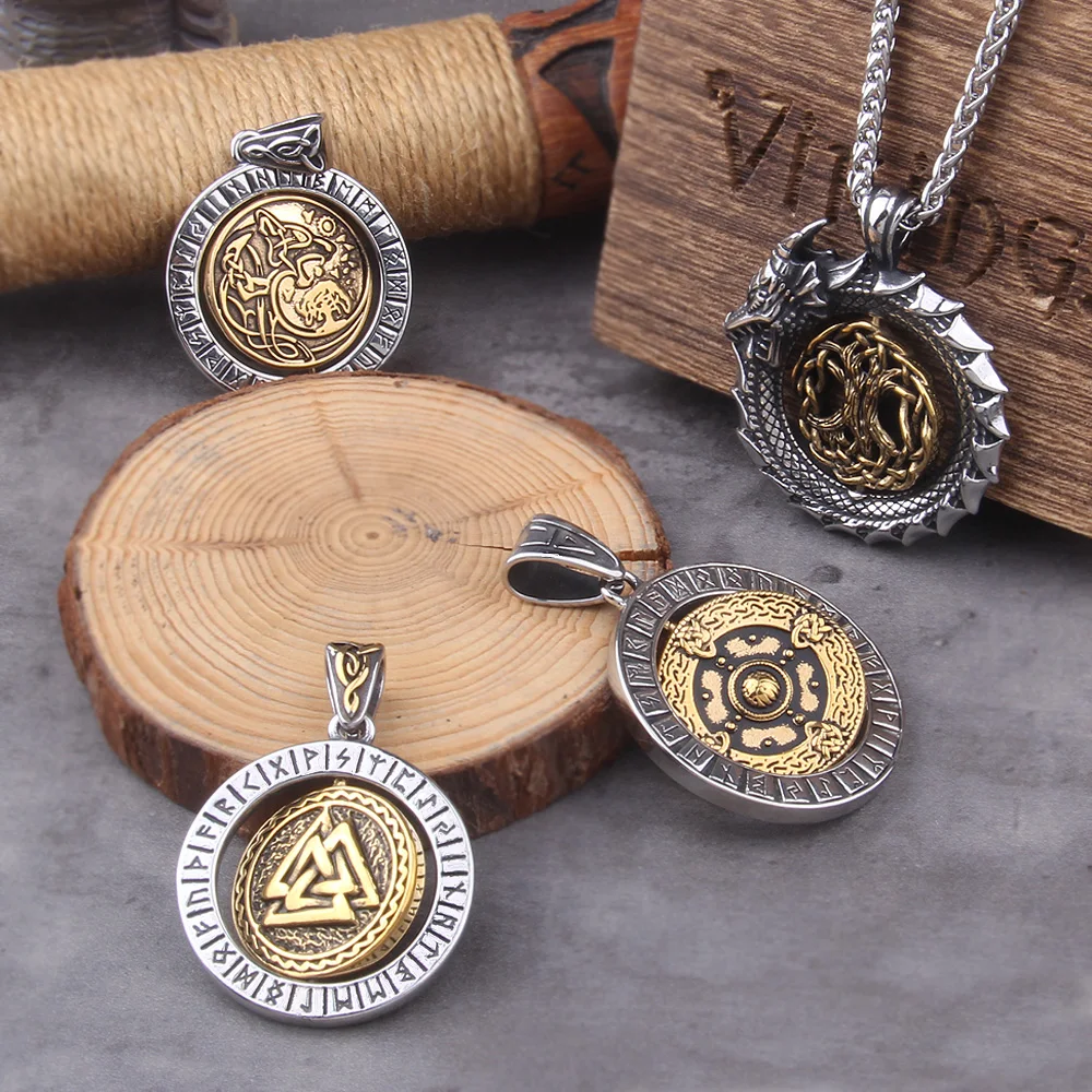 Stainless Steel Full Style Viking Rotating wolf ouroboros Pendant necklace with wooden box