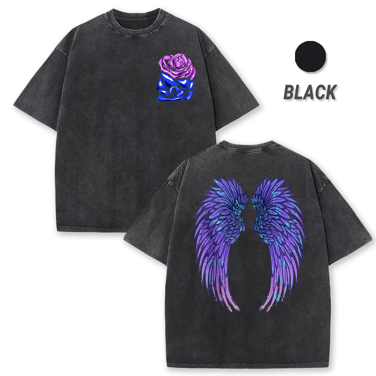 

Прохладные фиолетовые мужские потертые футболки с большими крыльями и розами, летние хлопковые спортивные удобные футболки с короткими рукавами, повседневный топ большого размера