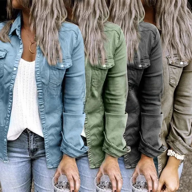 Women's Long Sve Denim irt Mid-Length New Sle Cross-Border Clothing Comfortable Breathable Waed Effect Blue Jeans