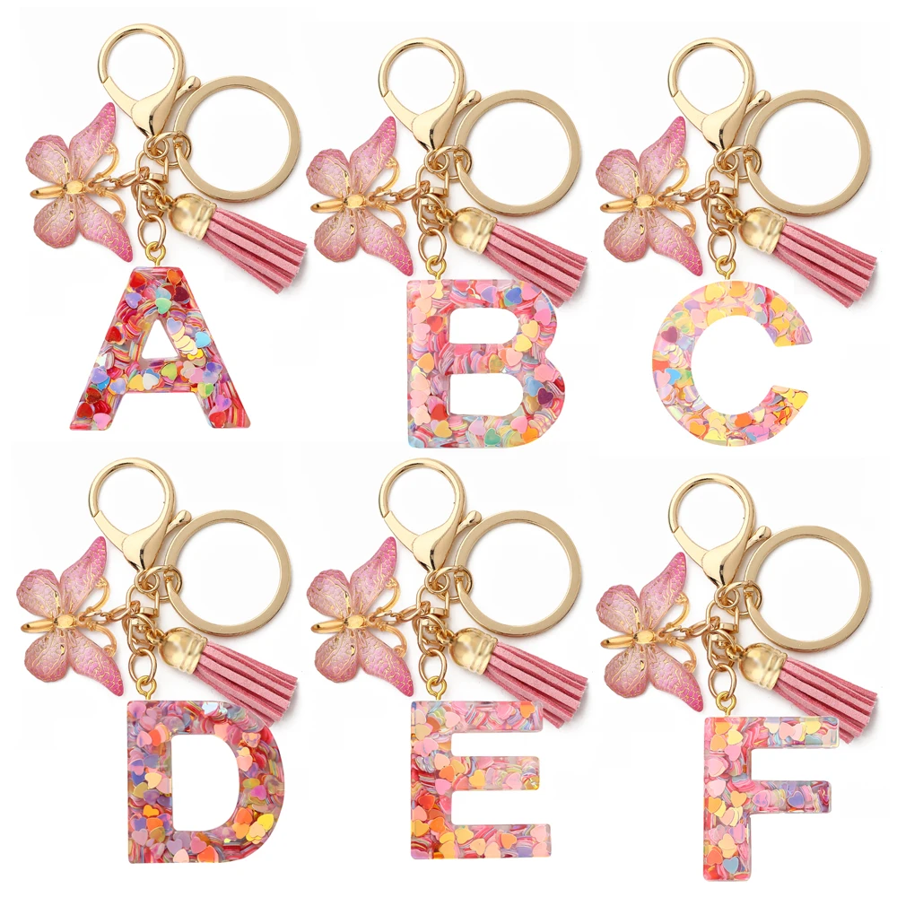 

English Letter Pink Sequins Crystal Gel Drop Jewelry Red Tassel Bag Hanging Girl jewelry Gift for women Resin Key Chain