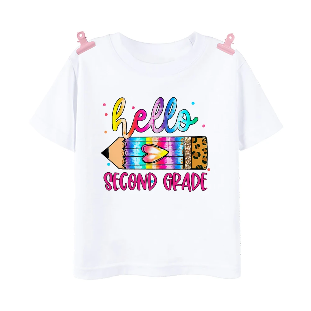 Hello First Grade Leopard Printed Kids Shirt 1-5 Grade Child Back To School Outfit  T-shirt Boys Girls Short Sleeve Tee Clothes