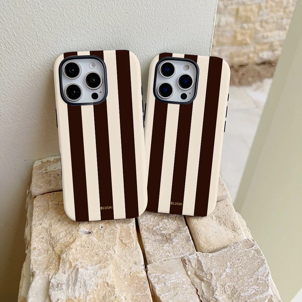 Brown White Vertical Stripe Phone Case for Samsung Galaxy S22 S23 S24 S25 S26 FE Plus Ultra Edge 4G 5G Luxury Double-layer