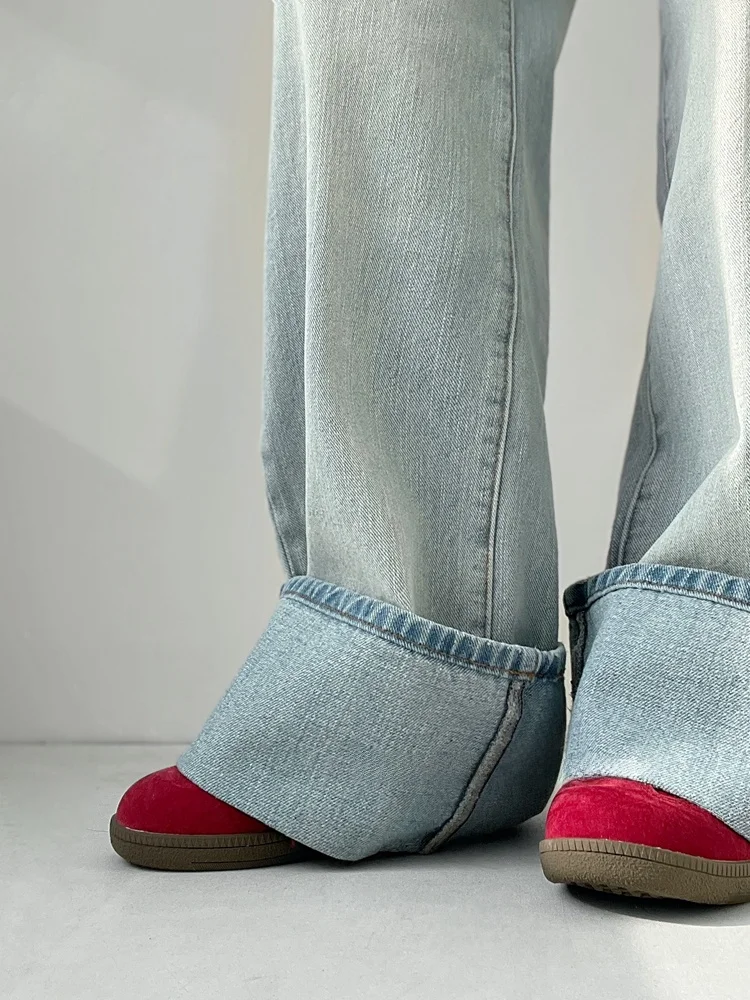 Jeans vintage a gamba larga pesante Du Pantaloni lunghi color orecchio abbastanza Pantaloni lunghi con orlo con risvolto Versatile colore profondo e chiaro Vita l