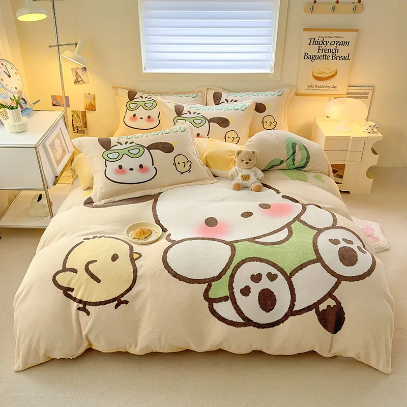 

Mymelody Winter Bed Four-Piece Set Kawaii Sanrio Cinnamoroll Room Decoration Plush Cute Cartoon Kuromi Bed Sheet Pillowcase Gift