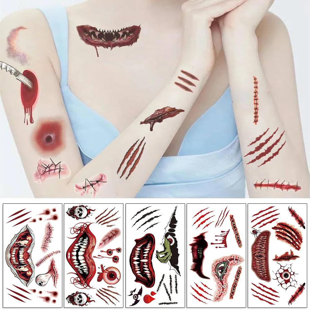 10 Sheets Halloween Fake Scars Tattoo Sticker Temporary Fake Tattoo Arm Hands Body Waterdichte Tatouages Pour Gift Kids Toys ﻿