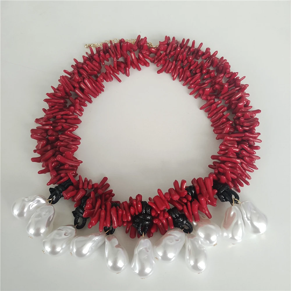 Fashion Big Red Coral Faux Pearls Handmade Choker Necklace Women Boho Ethnic Statement Large Collar Big Bib Necklace Jewelry