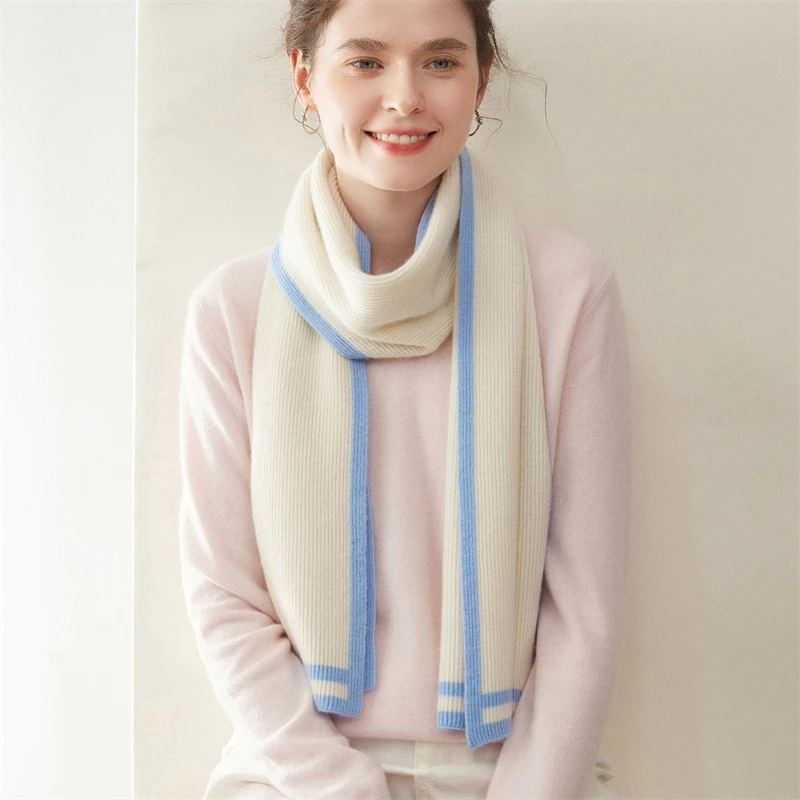 

100% Pure Goat Cashmere Scarf For Women Autumn Winter Knitted Short Korean Version Warm And Color Blocked Neck Protection Scarf.