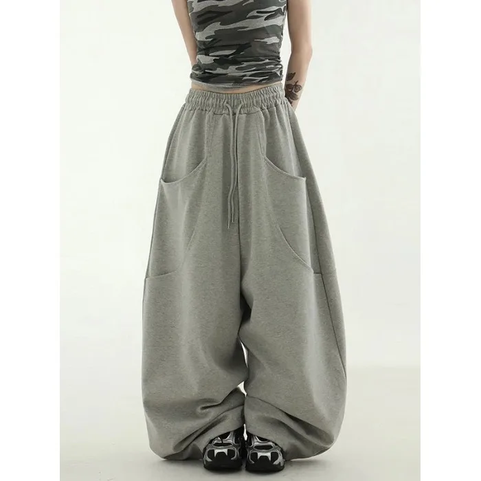 Unique Design Casual Pants with Pockets Loose Fit Sporty Personality Long Legs Natural Waist Neutral Style Pure Color