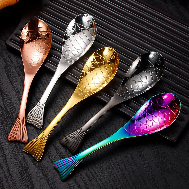304 Stainless Steel Fish-shaped Tea Spoon Golden Thickened Coffee Spoons Dessert Cake Tools Colors Kitchen Table Decoration