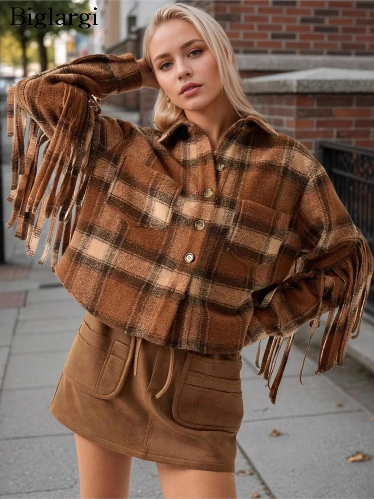 

Spring Autumn Plaid Print Coat Women Fringe Patchwork Fashion Ladies Jackets Casual Loose Long Sleeve Woman Coats