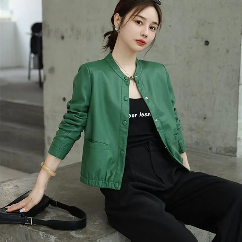 ショートバイクレザージャケットコート 2026 春秋新作 レザージャケット レディース ラウンドネック おしゃれ アウター 女性用