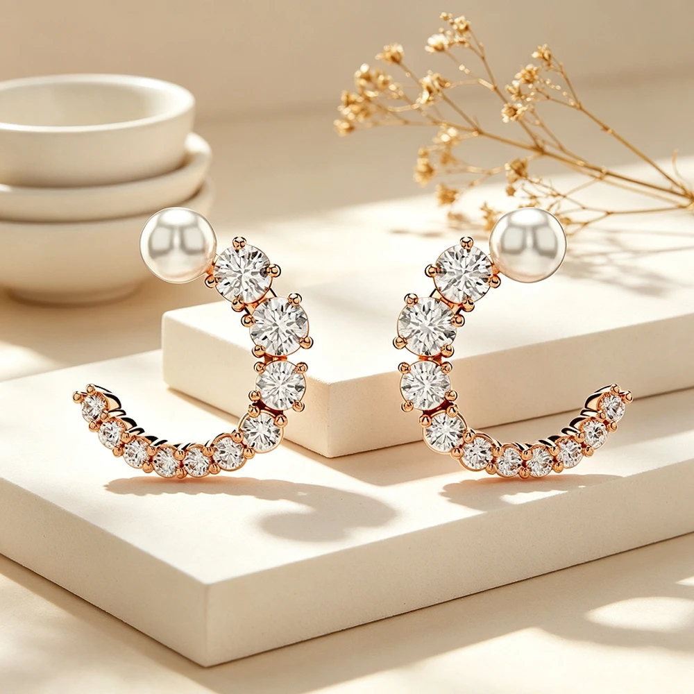 Rose gold C-bend pearl row diamond gold silver dual color double circle surround ladder cubic zirconia earrings