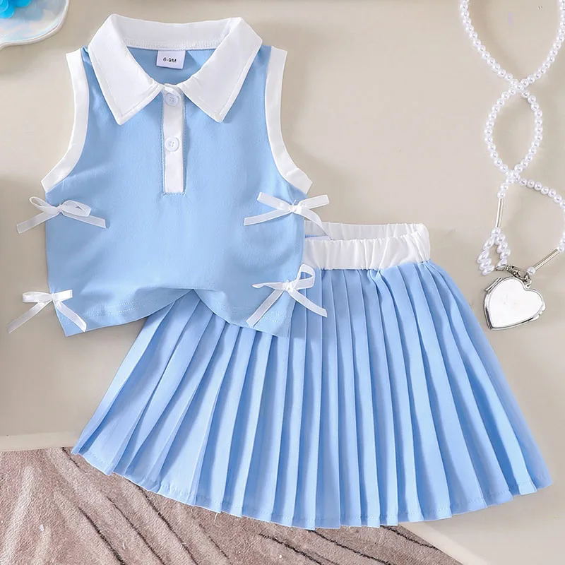 

2Piece 2025 Summer Girls Outfit Sets Korean Fashion Cute Bow Sleeveless Cotton Blue Baby Tops+Skirt Boutique Kids Clothing B062