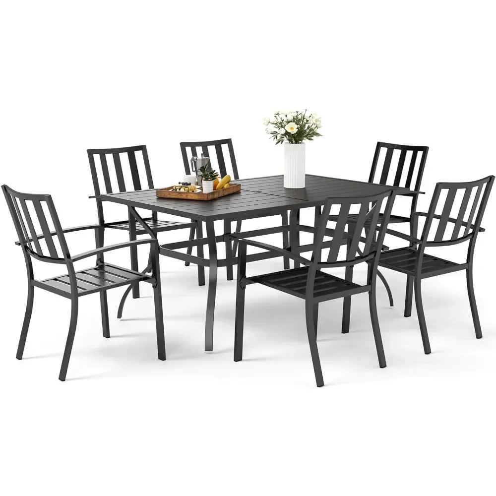 

Outdoor Table and Chairs Set, 6 Steel Slat and 1 Metal Steel Slat Dining Rectangle, Outdoor Table and Chairs Set