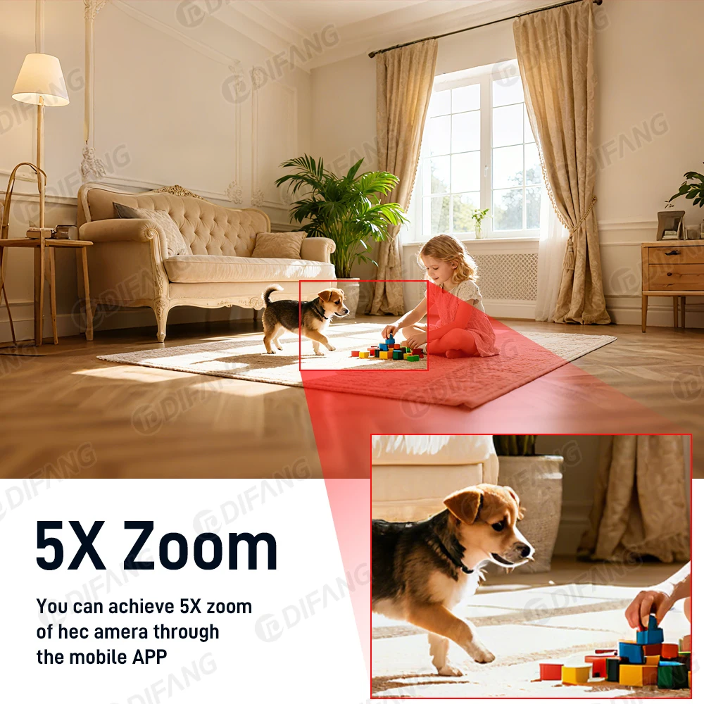 DIFANG 5MP واي فاي كاميرا للحيوانات الأليفة بنقرة واحدة مكالمة فيديو 2K كاميرا أمنية داخلية للرؤية الليلية الطفل/الكلب/الحيوانات الأليفة مراقبة واي فاي داخلية