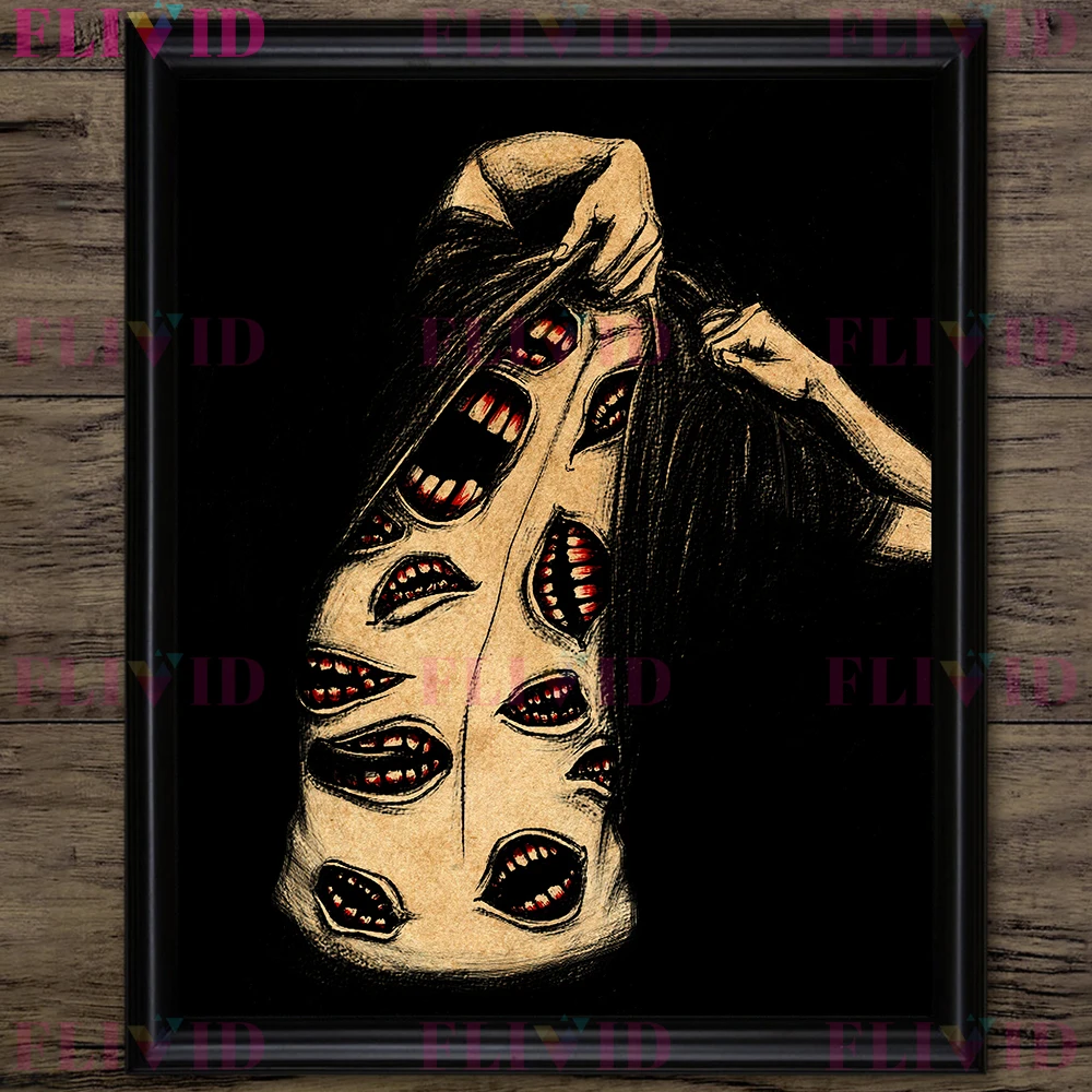 Horror Rabbit And Psychedelic Conch Vintage Wall Art Print Scary Finger Art Poster Creepy Black And White Art Print Decoration