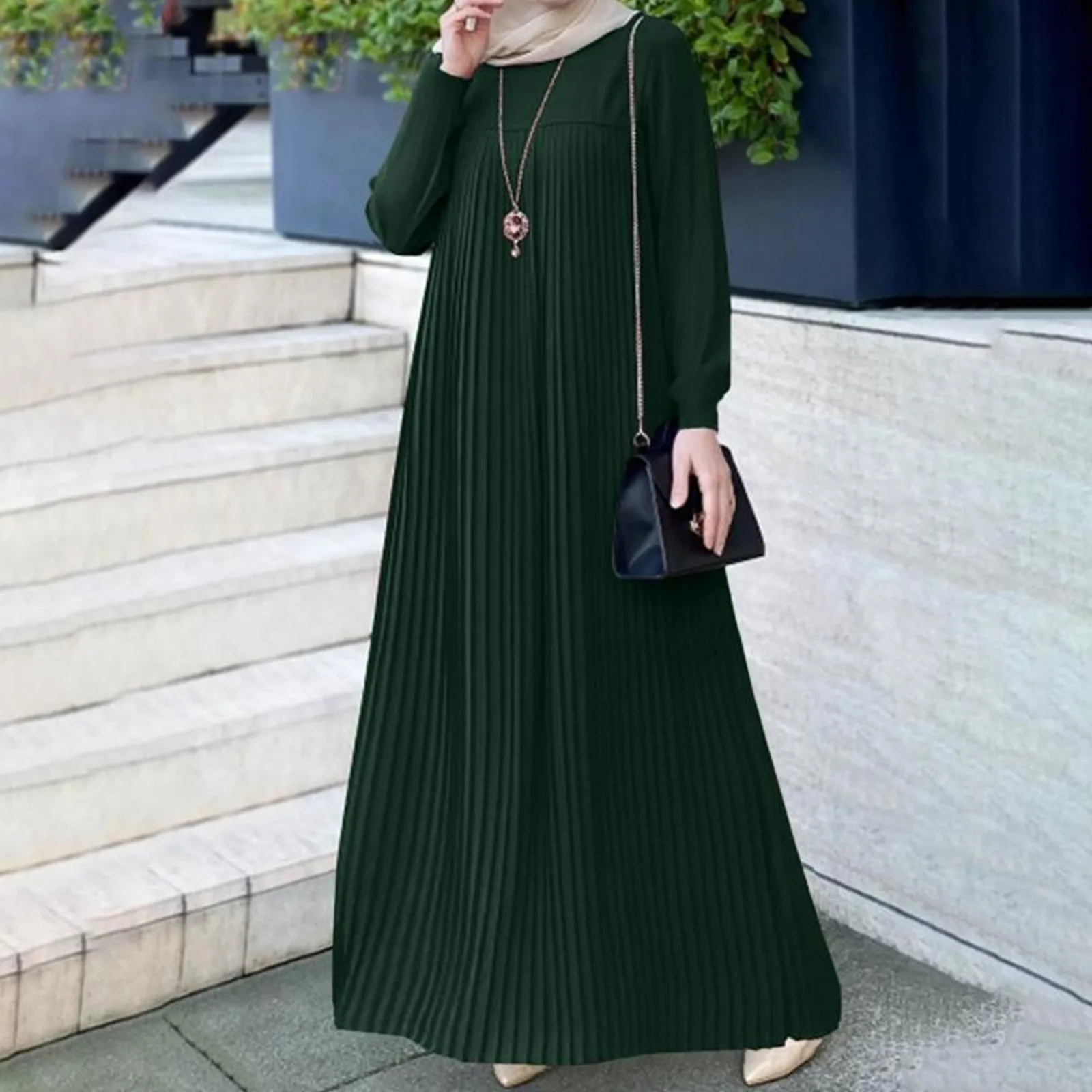 Women's Muslim Maxi Dress Dubai Abaya Hijab Vestidos Fashion Long Sleeve Pleated Sundress Robe IsIamic Clothing  Elegant Vestido