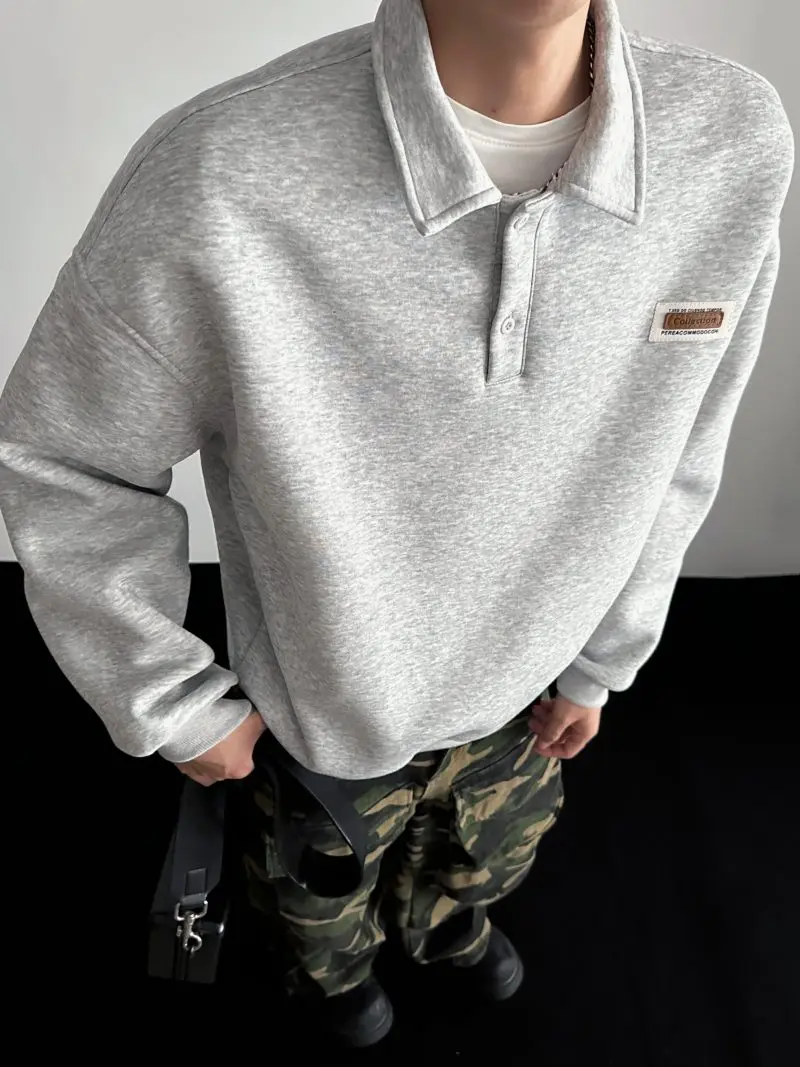 Autumn Men's Casual Solid Color Polo Neck Sweatshirt American Style Couple Loose Long Sleeve Turn down Collar Top Hoodies