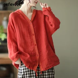 Women Summer Vintage Cotton Linen Breathable Hooded Sunscreen Shirt Simple Casual Drawstring Blouse Solid Long Sleeve Loose Tops
