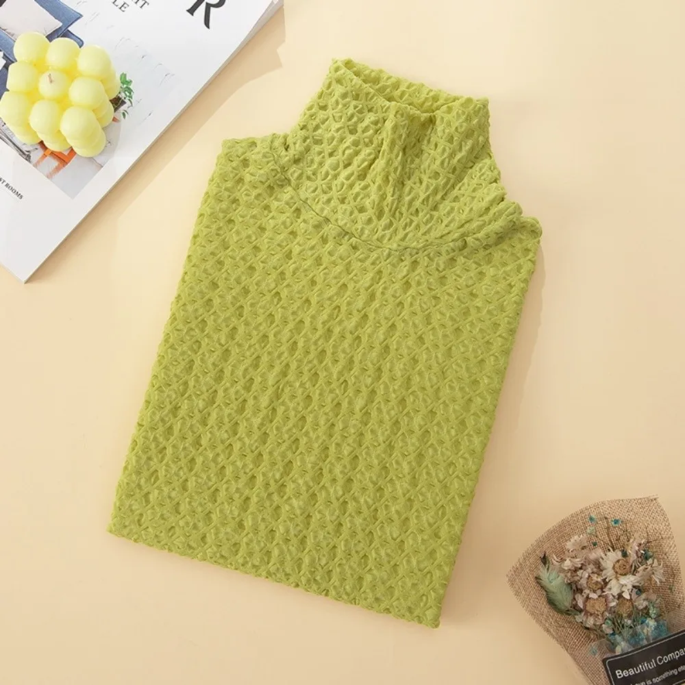 Stretchy Turtleneck Collar Tank Top Crinkle Texture Hollow Out Lace Camisole Sheer Mesh Slim Fit Mesh Blouse For Women