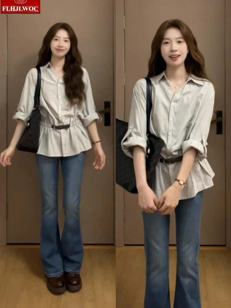 Koszule z marszczeniem w talii, nowa moda, szykowna koreańska stylizacja damska 2025, jesień, długi rękaw, dekolt w serek, w paski, retro, vintage, bluzki z falbaną.