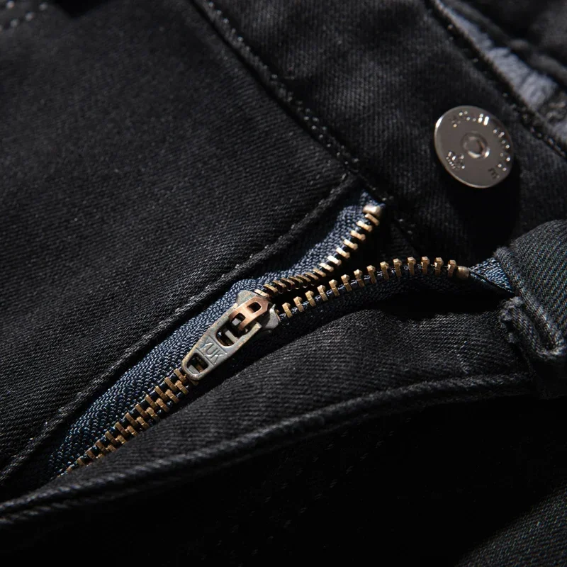 2024 الشتاء الصوف سميكة الدافئة الجينز الرجال ضئيلة مستقيم مطاطا الدنيم السراويل موضة غير رسمية السراويل الذكور نقية الأسود الرجال الملابس #5