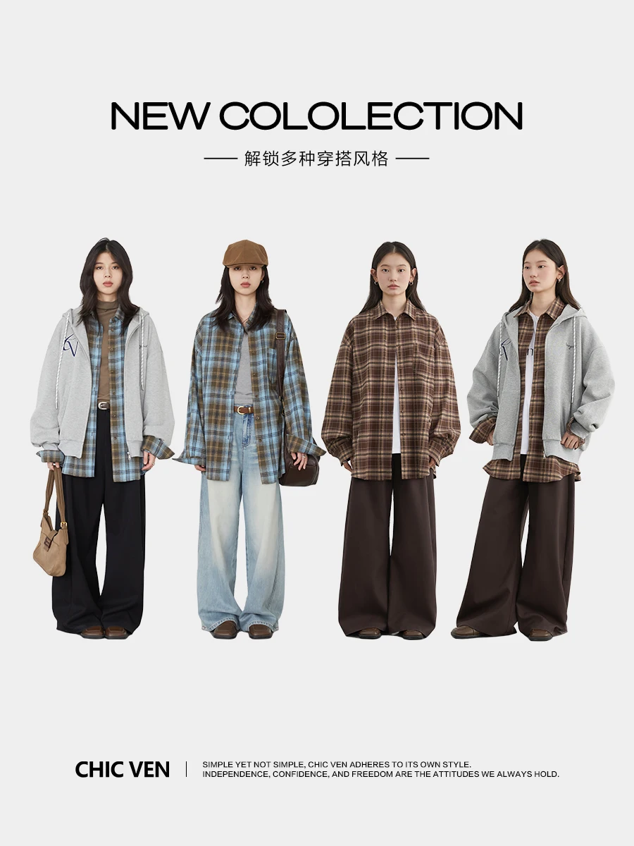 شيك فين المرأة قميص طويل الأكمام فضفاضة عادية نحى منقوشة قميص معطف منتصف طويل طول الإناث البلوزات ربيع الخريف 2025 #2