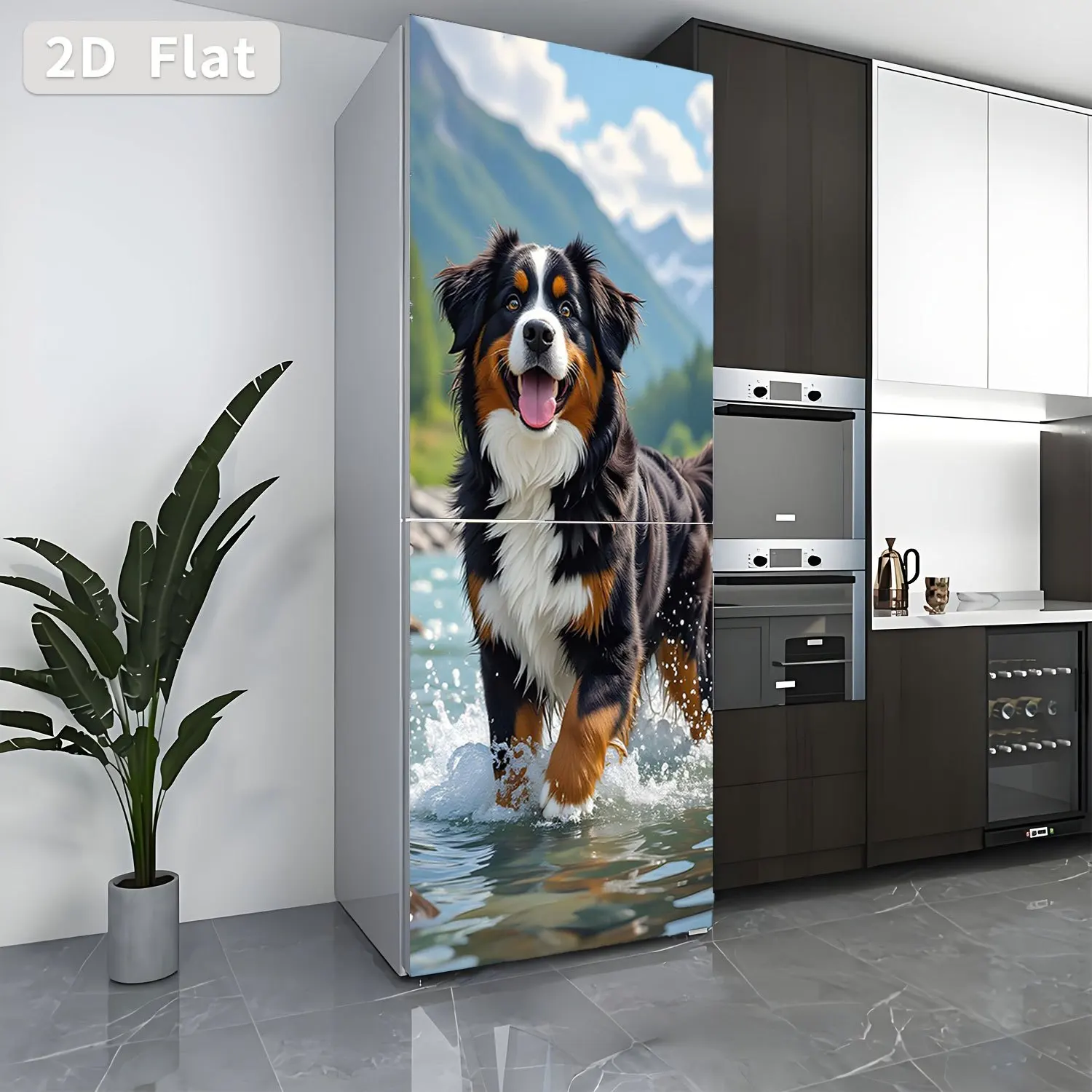 Refrigerator Sticker Bernese Mountain Dog Playing in Water Theme Design Wall Sticker Decorative Wallpaper Self-Adhesive Suita