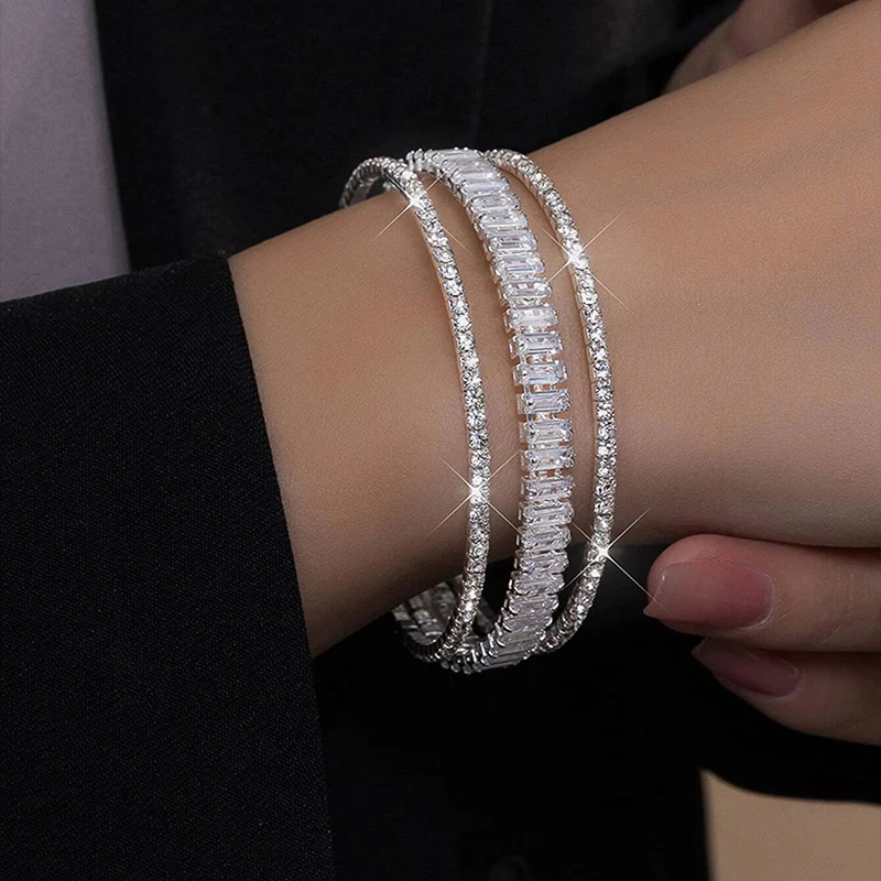 Obega Chic Multilayer Cuff Bracelet Full Shiny Cubic Zircon Korean Bangles Classic Silver Color Daily Wear Wedding Jewelry