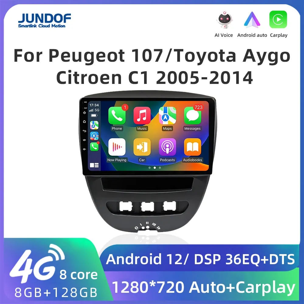 Android 11 Leitor multimídia carro, Unidade de cabeça, Estéreo, Navegação GPS, BT, WIFI, 2 Din, Peugeot 107, Toyota Aygo, Citroen C1, 2005-2014