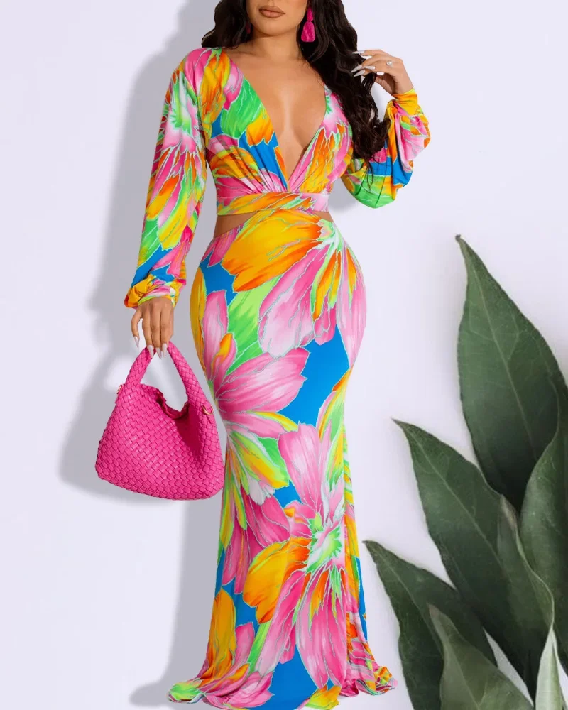 

Floral Print Plunge Tied Detail Mermaid Maxi Dress Women V neck Fashion Casual Long Sleeve High Waist Slim Floor Length Dress