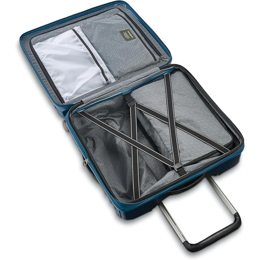 Расширяемый чемодан с твердой поверхностью и двойными вращающимися колесами. Эргономичная система тяги. Прочный корпус из поликарбоната. Надежные молнии для путешествий.