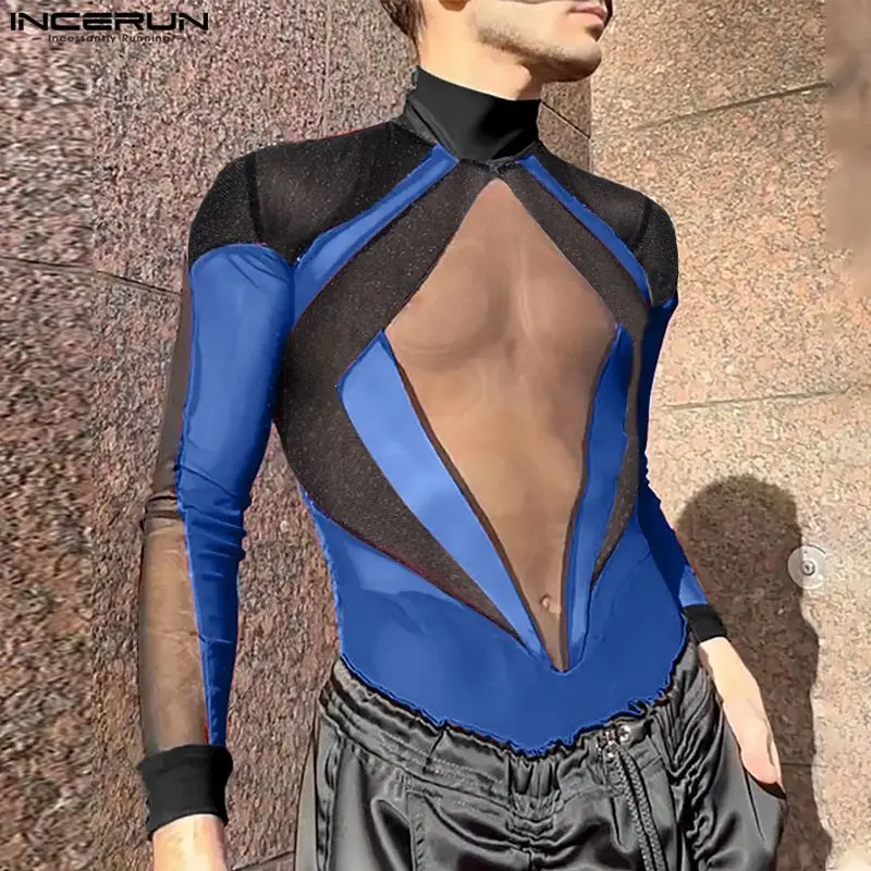 2024 Men Bodysuit Mesh Patchwork Turtleneck Long Sleeve Fashion Male Rompers Streetwear Shiny Sexy Transparent Bodysuits INCERUN