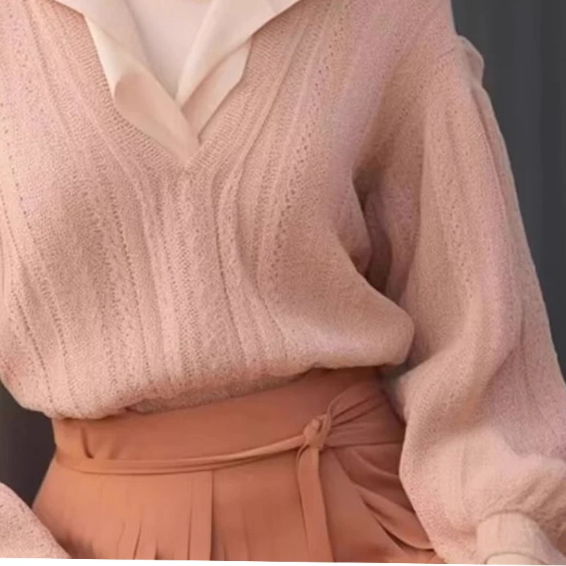 Otoño Invierno nuevo suéter falso de dos piezas mujeres con cuello en V jerseys de manga larga dulce Casual suelto tejido Jacquard Tops que combinan con todo