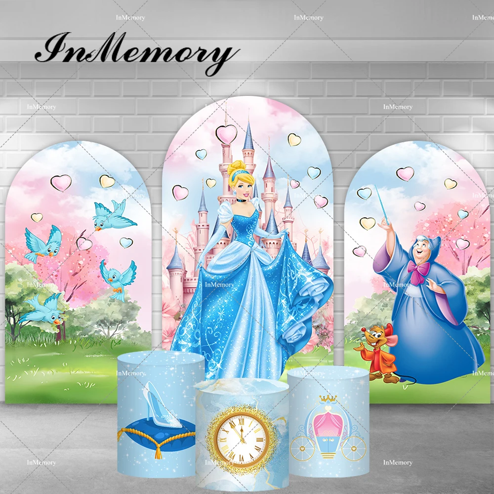 Disney Cinderella Princess Arch Cover Backdrop Blue Dress Blonde Princess Photography Background Girls Birthday Plinth Covers