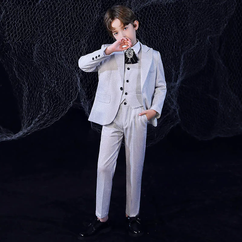 

Children Shining Silvery Luxurious Jacket Vest Shirt Pants Bowtie 5PCS Party Dress Kids Performance Costume Boys Photograph Suit