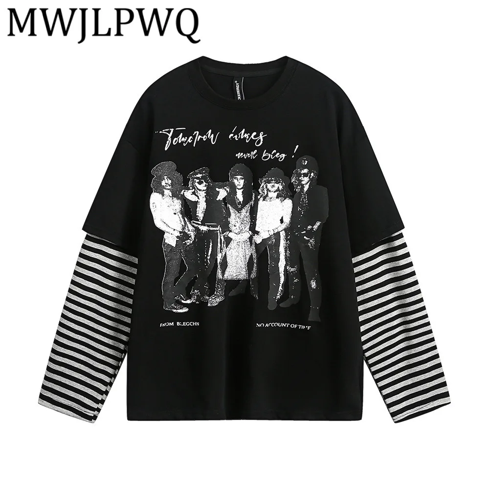 

MWJLPWQ Футболка с длинными рукавами и принтом в стиле хип-хоп, мужская лоскутная полосатая футболка, свободный топ, весна-осень, мужская уличная футболка 12689