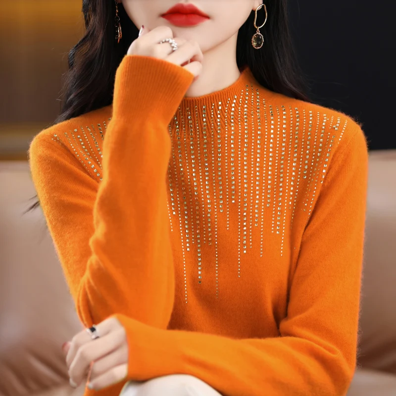 New Women's sweater for Autumn/Winter 100% Merino wool semi-turtleneck pullover Fashion diamond-encrusted warm base knit shirt