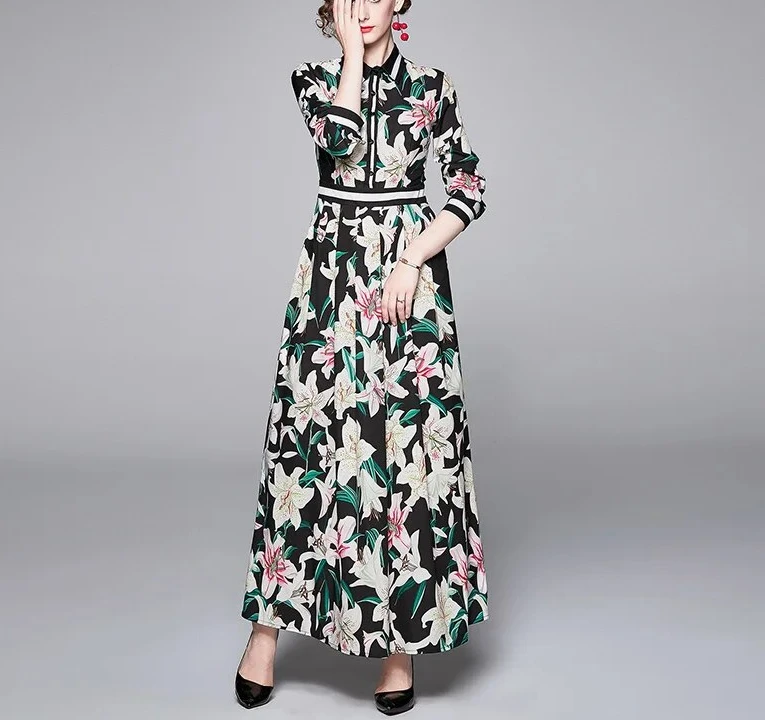 2024 New Glamour Runway Shirt Dress Women's Lapel Short Sleeve Gorgeous Flower Print Single Breasted Belt Pleated Midi Vestidos