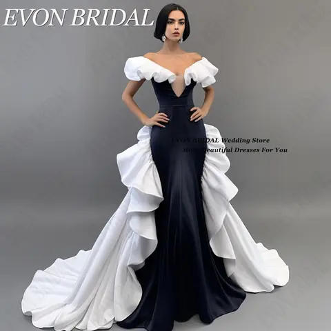 EVON BRIDAL 사우디 아라비아 여성 연예인 드레스, 2024 인어 오프 숄더 포멀 이브닝 원피스, 흑백