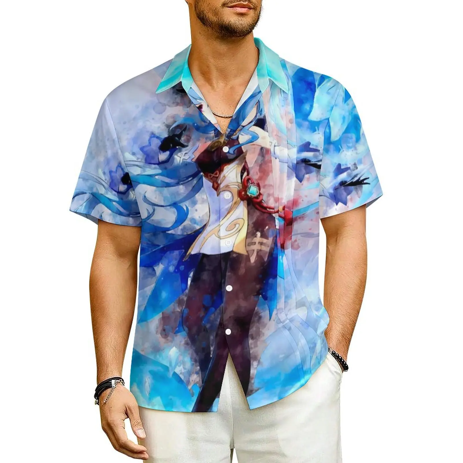 

Hawaii Shirt Beach Genshin Impact Ganyu Blouses Anime Print Novelty Casual Shirts Man Short Sleeves Stylish Oversized Clothing