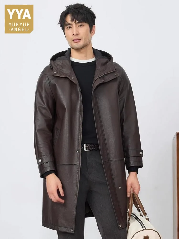 

Fashion Mens Autum New Hooded Cowhide Genuine Leather Long Jacket Vintage Loose Fit Business Casual Work Windbreaker Trench Coat