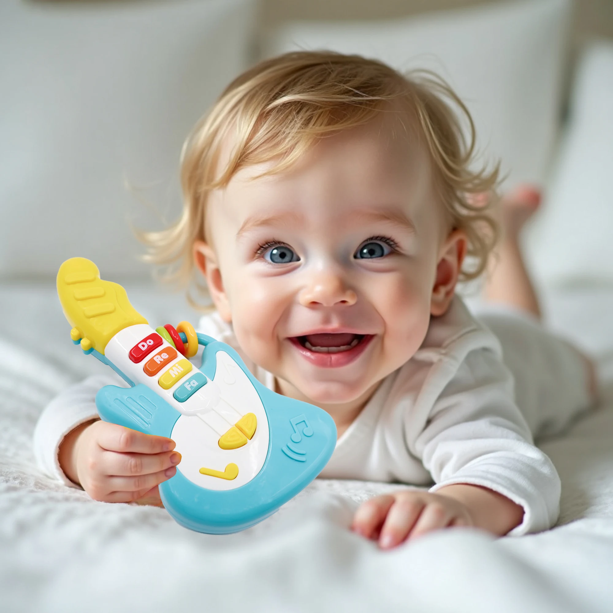 Brinquedo de guitarra e piano 2 em 1 projetado para crianças, adequado para instrumento musical jogável de 1,2,3, canção de ninar embutida, com luzes