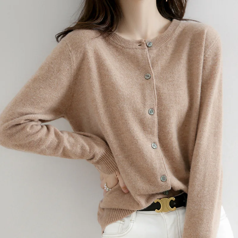 

Autumn/Winter Cashmere Sweaters for Women Solid Color O-neck Long Sleeve Loose Single Breasted Knitted Cardigan Women Tops