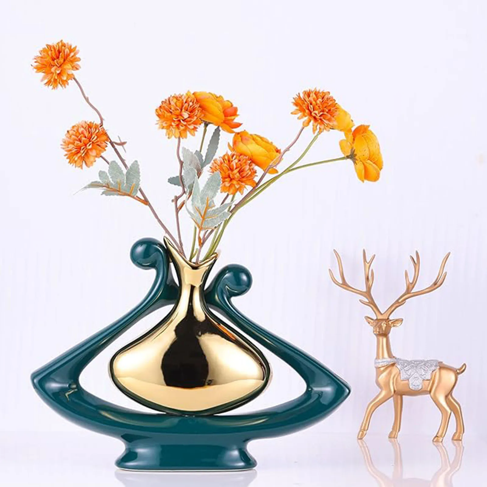 Green Decor Vase Centerpieces, Green and Gold Ceramic Vase Modern jarrones Grandes para sala Elegantes for Dining Center Bookshe