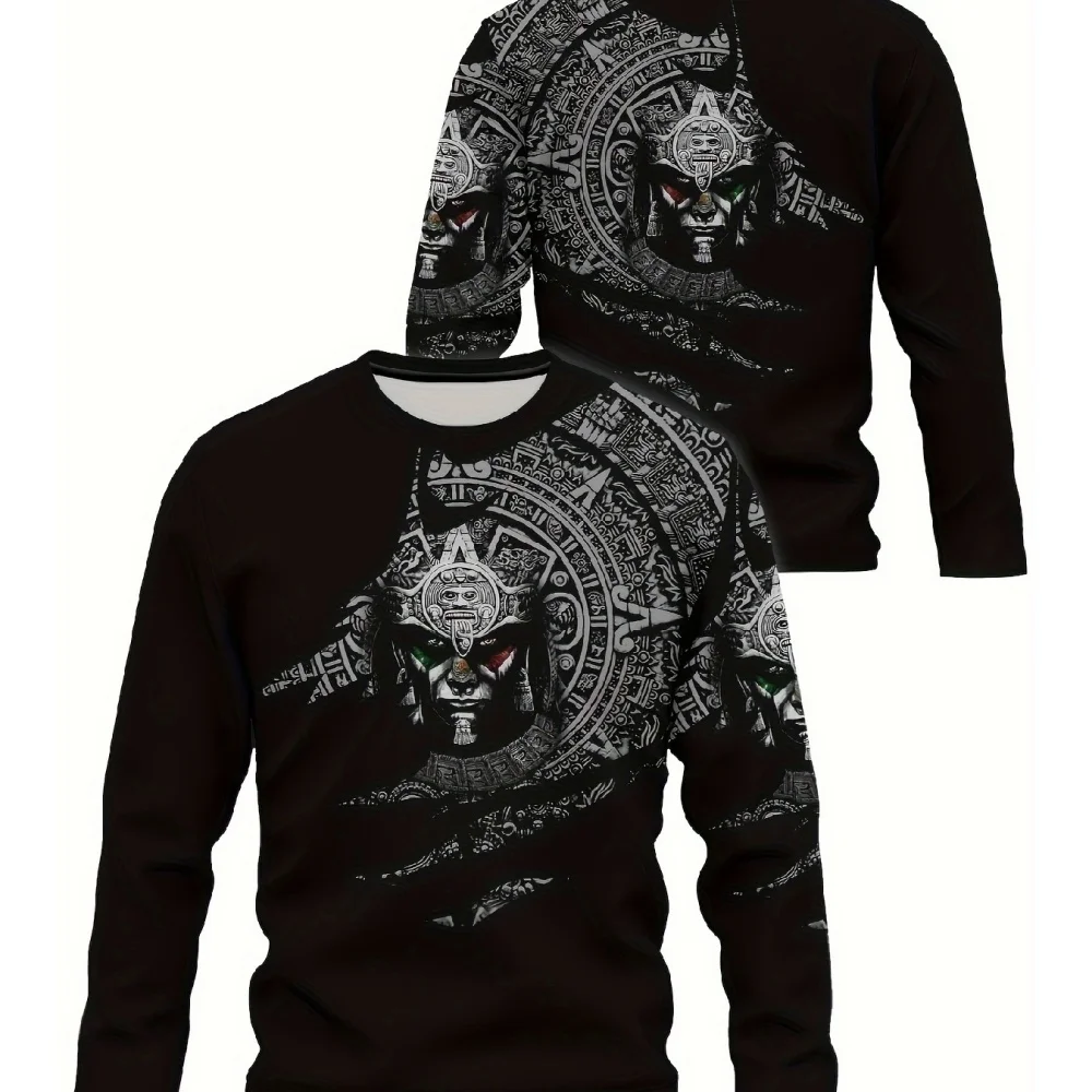 Men's Aztec-Style Totem Patterned Round-Neck Men Clothes Long Sleeves Outdoor Sports T-Shirt for Casual Mexican Pattern Clothing