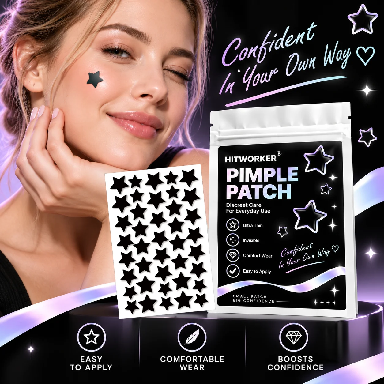200pcs Star Hydrocolloid Spot Cover Patches, Black Silver Face Stickers, Invisible-Look Daily Skin Care for Day Night Use